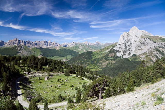 Forada mountain range and valley in Aragon Pyrenees. Summer landscape.