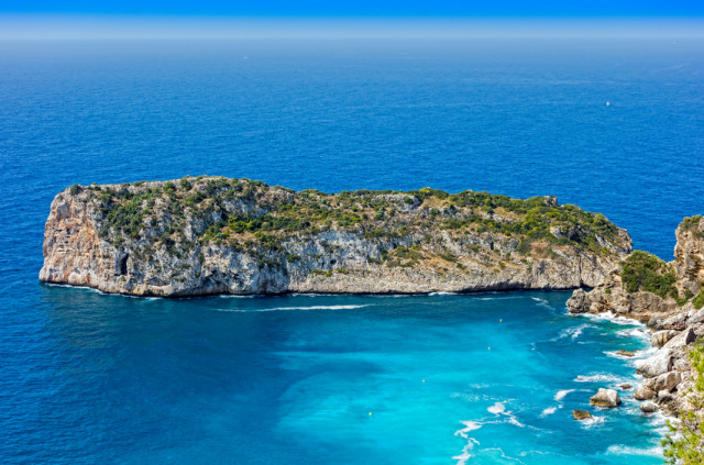 Top down view on Isla del descubridor, an island near Javea, Alicante, Spain